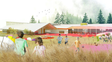 Exterior perspective of the winning project designed by Lapointe Magne and Associates + L'ŒUF, for the Lab-École competition in Rimouski