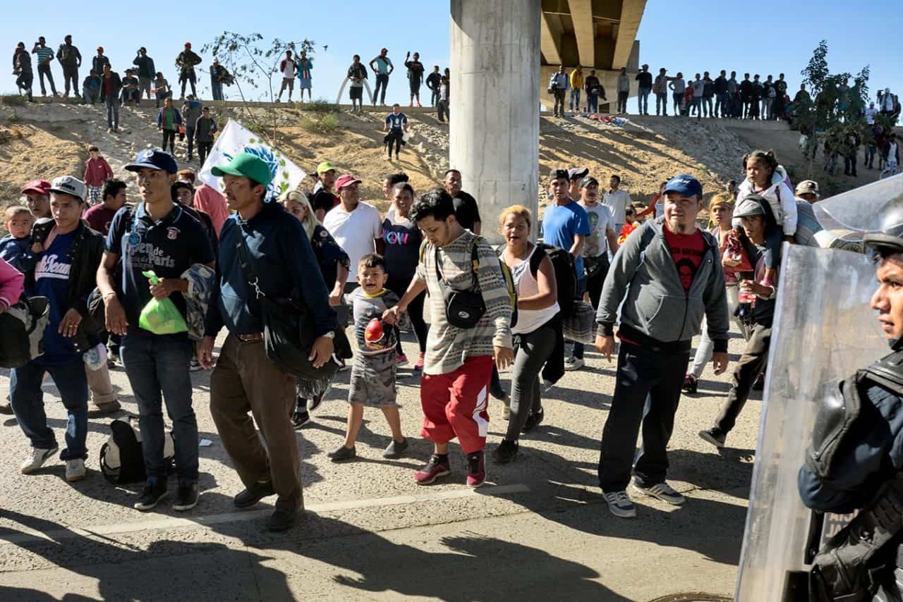 Refugee march, after crossing the Tijuana River, November 25, 2018