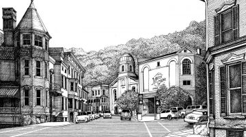 Jim Thorpe, Pennsylvania. The street deflects to reveal the Mauch Chunk Opera House, originally a 900-seat concert hall refurbished in 2003 to hold 400 patrons. Pen & ink drawing by Dhiru Thadani.