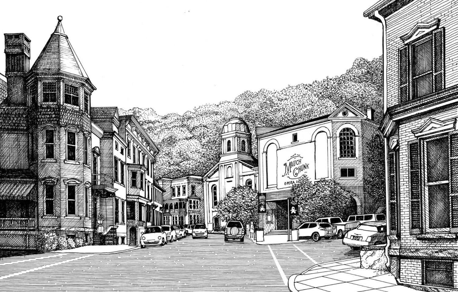 Jim Thorpe, Pennsylvania. The street deflects to reveal the Mauch Chunk Opera House, originally a 900-seat concert hall refurbished in 2003 to hold 400 patrons. Pen & ink drawing by Dhiru Thadani.