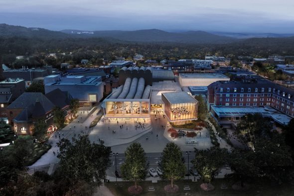 Aerial view of the transformed Hopkins Center for the Arts at Dartmouth
